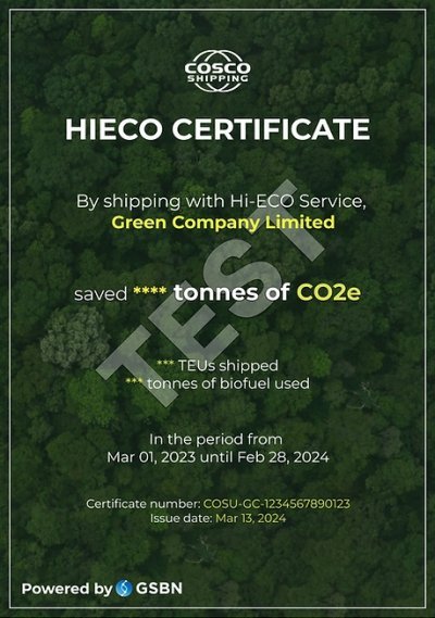Cosco HiECO Certificate GSBN